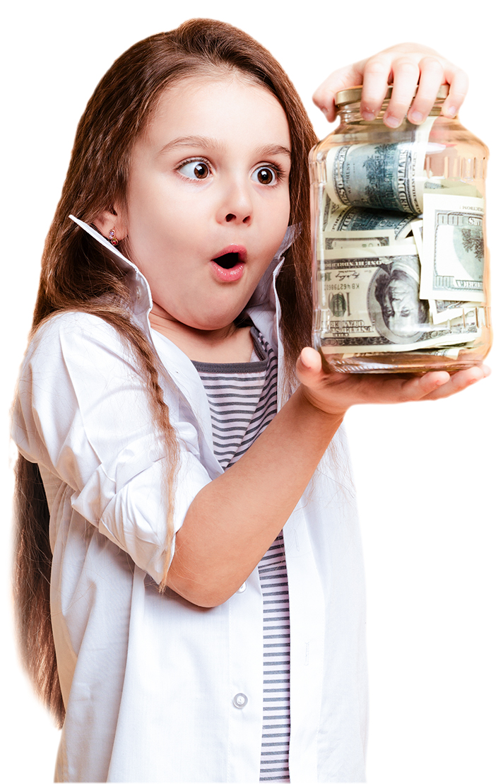 Photo of shocked little girl child standing isolated over yellow background holding jar with money. Looking aside.