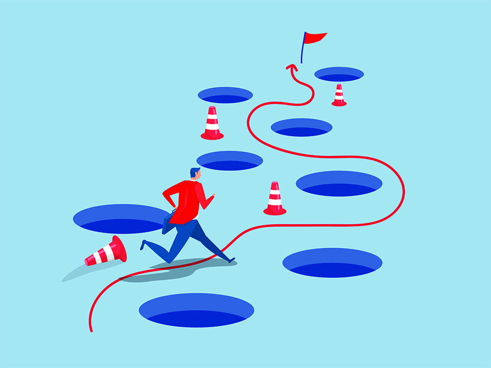 Avoid pitfall Planning and obstacle avoidance concept, business failure, skill and creativity to solve problem  with many pitfalls to achieve business success vector