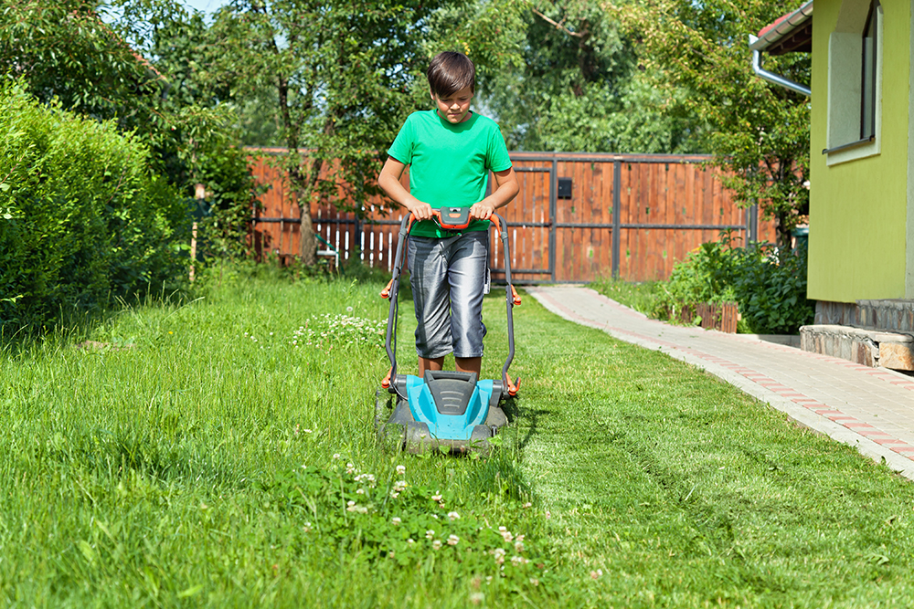 Boy cutting grass around the house in summertime - focusing on the operation