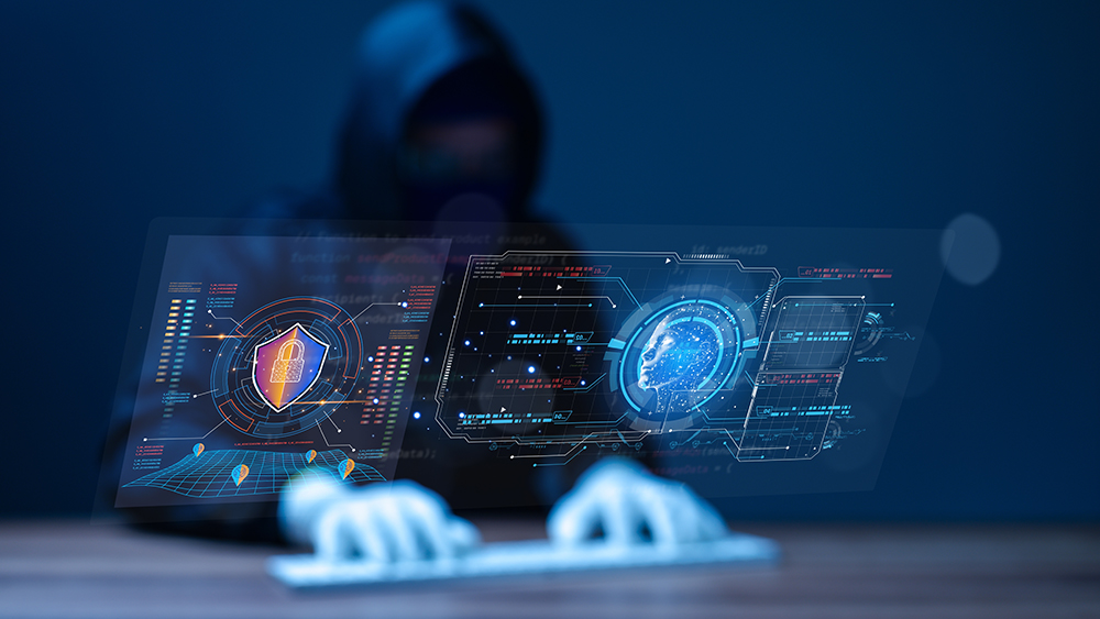 Hacker faces a formidable cyber security system with a firewall and artificial intelligence, defending against unauthorized login attempts and ensuring password protection on the computer screen