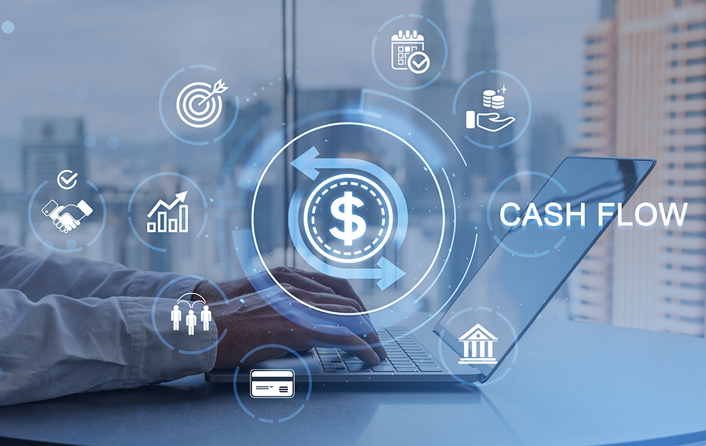 Man working on laptop with digital financial icons in soft blue style on city background, concept of cash flow and business operations