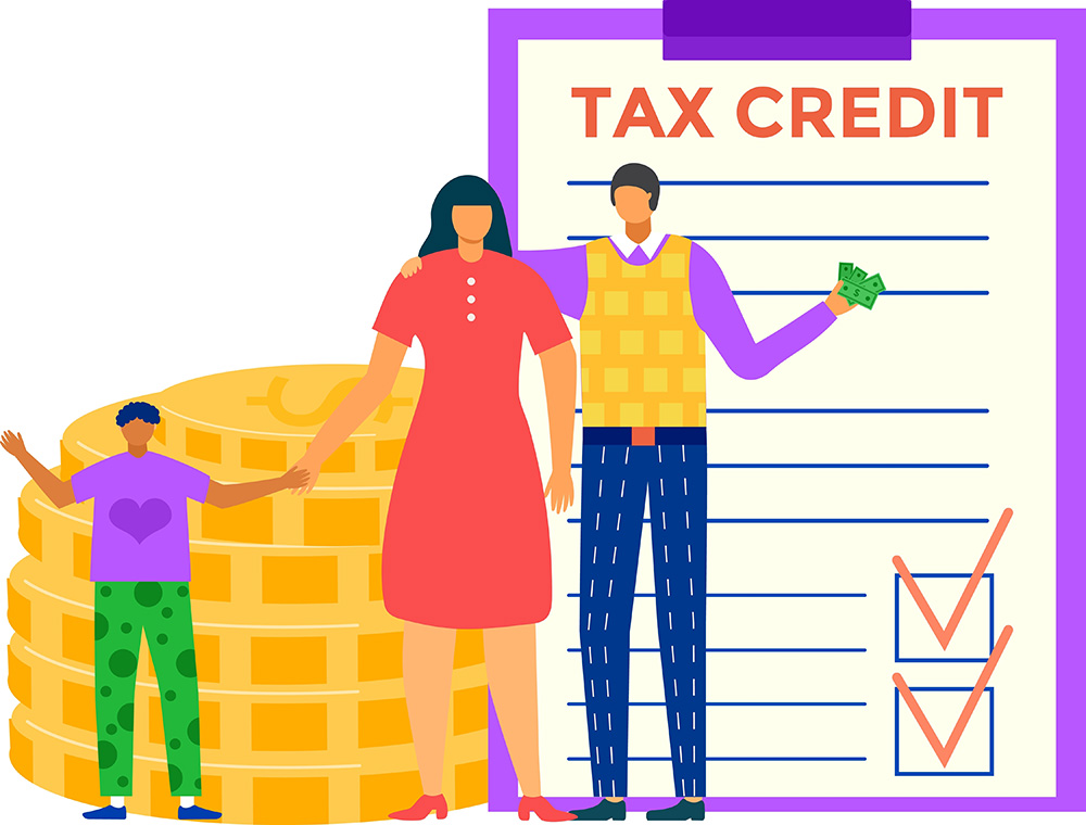 Family with coins stack and tax credit checklist. Financial planning, parents with child saving money. Tax deductions concept vector illustration.