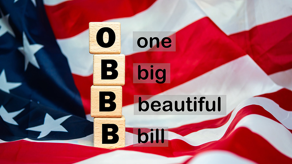 The One Big Beautiful Bill Act text Flag of the United States of America background.