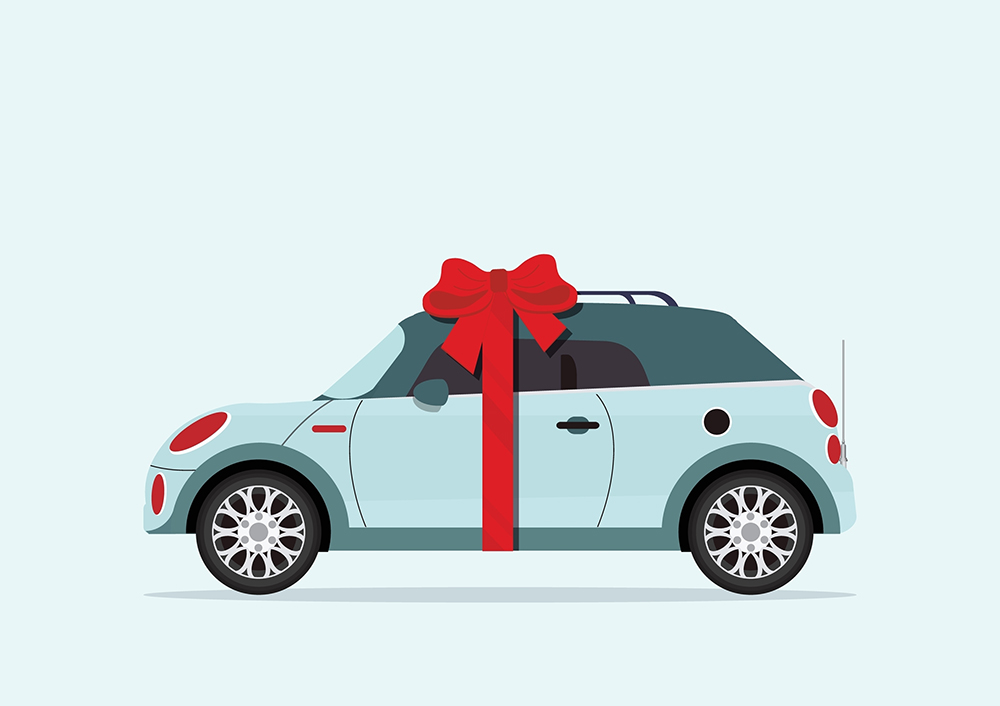 Modern a new car with a big red ribbon and bow on the roof. Perfect for concepts such as car gifts, dealership promotions, new vehicle purchase, or holiday surprises.flat vector illustration.