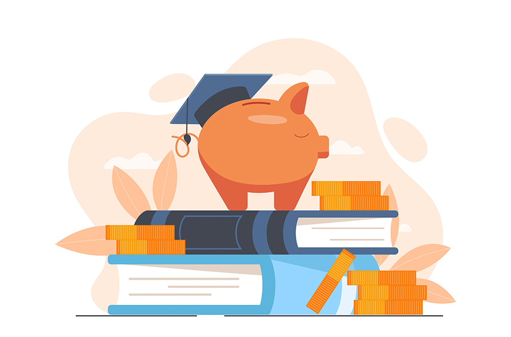 Education fund concept. Piggy bank with graduation hat and stack of books. Learning and training. Financial services. Academic pension. Flat vector illustration isolated on white background