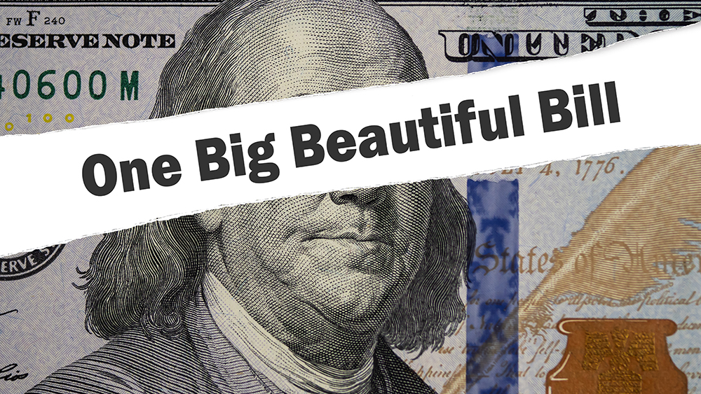 Dollar banknote on text The One Big Beautiful Bill Act text Flag of the United States of America background. Tax Cuts and Jobs Act. State and Local Taxes concept.
