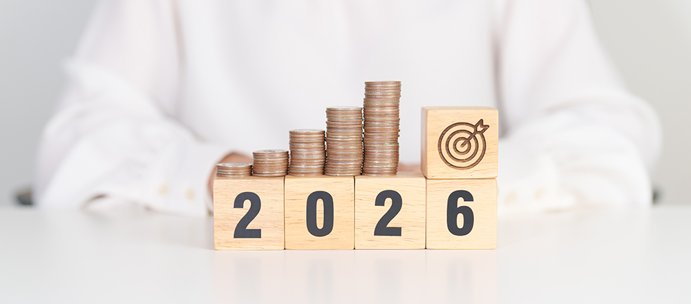 Happy New Year 2026 with Coins stack and dartboard icon. Strategy, goal, Money, Budget, tax, investment, financial, savings and New Year Resolution concepts
