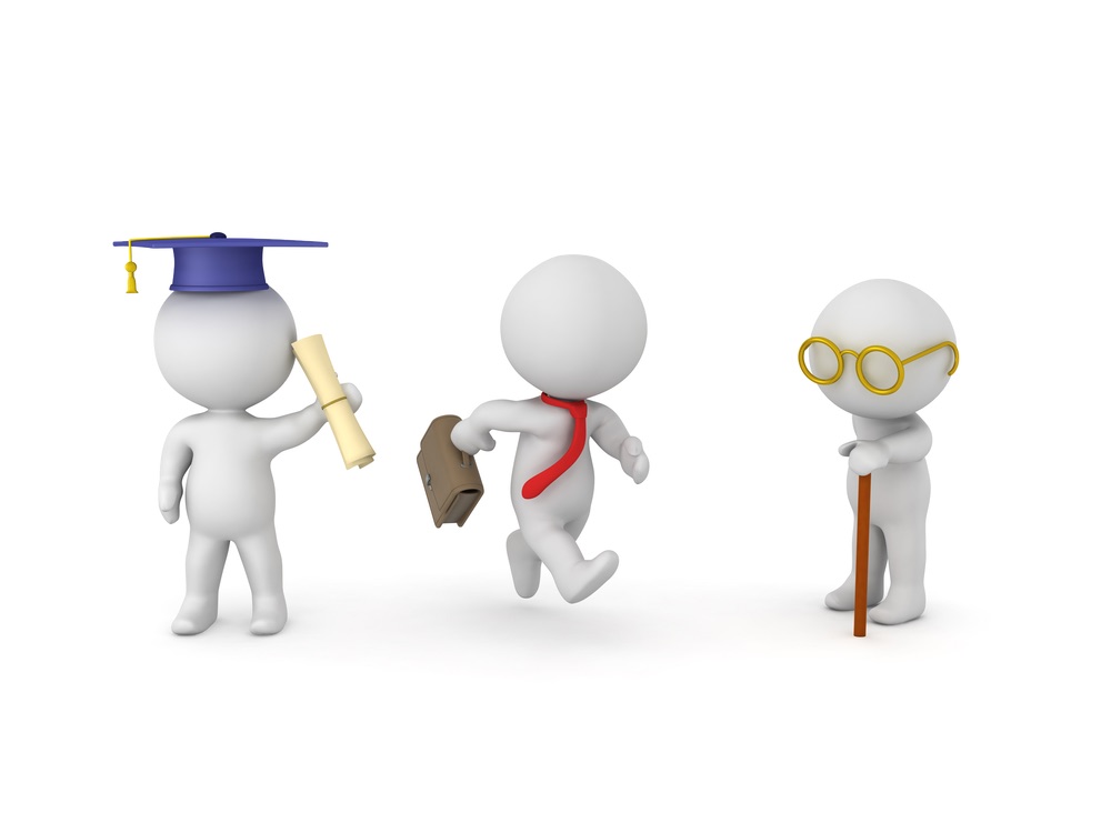 3D Illustration depicting the stages of life from adolescence to old age. The teenager earned the diploma, the adult has the briefcase and the old person walks with a cane.
