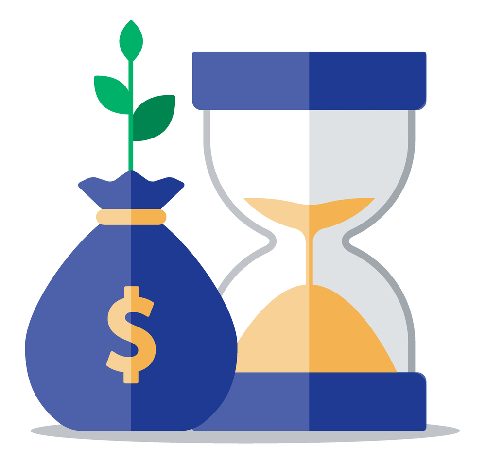 Compound interest, time is money, added value, financial investments in stock market, future income growth concept, revenue increase, money return, pension fund plan, budget management, savings account, banking vector illustration icon