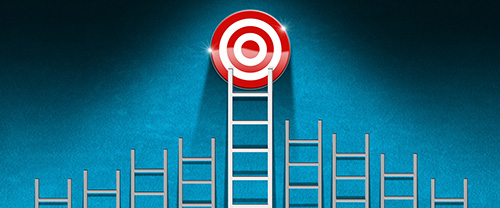 3D illustration of a group of step ladders, all gray and one white,  on a blue wall with a target (bulls eye) and copy space. Ladder of success or Goal concept.