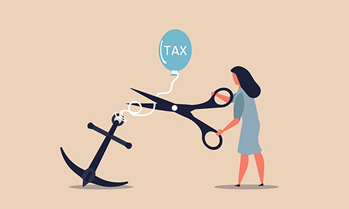 Loose cut tax and business balloon freedom. Scissors cut rope and money problem free illustration concept. Situation with government stress finance crisis and people escape from pay taxation