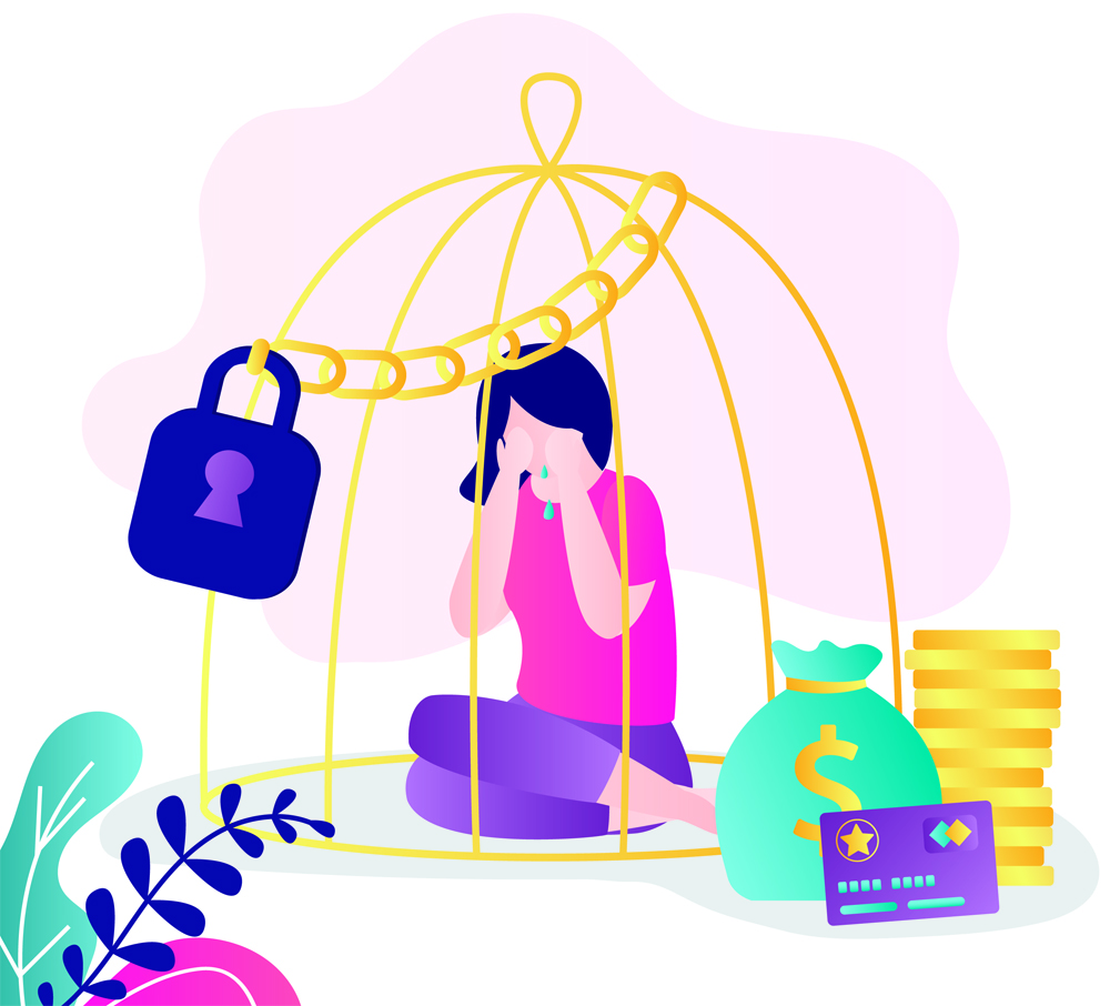 Female character experiencing financial abuse. Upset woman locked in golden cage. Violence in family. Unhappy girl dream to escape from gold cell. Banner in trendy style. Flat vector illustration