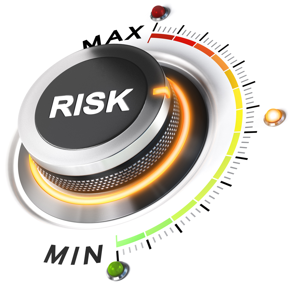 Risk level knob positioned on medium position, white background and orange light. 3D illustration concept for business security management.