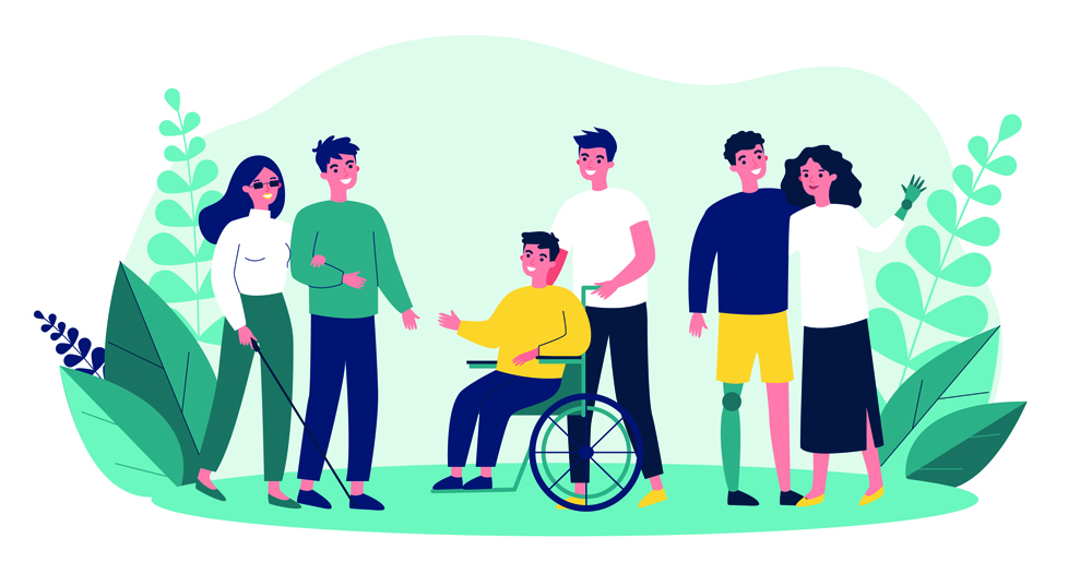 Volunteers helping disabled people. Group of men and women with special needs, on wheelchair, with prosthesis. Vector illustration for support, diversity, disability, lifestyle concept
