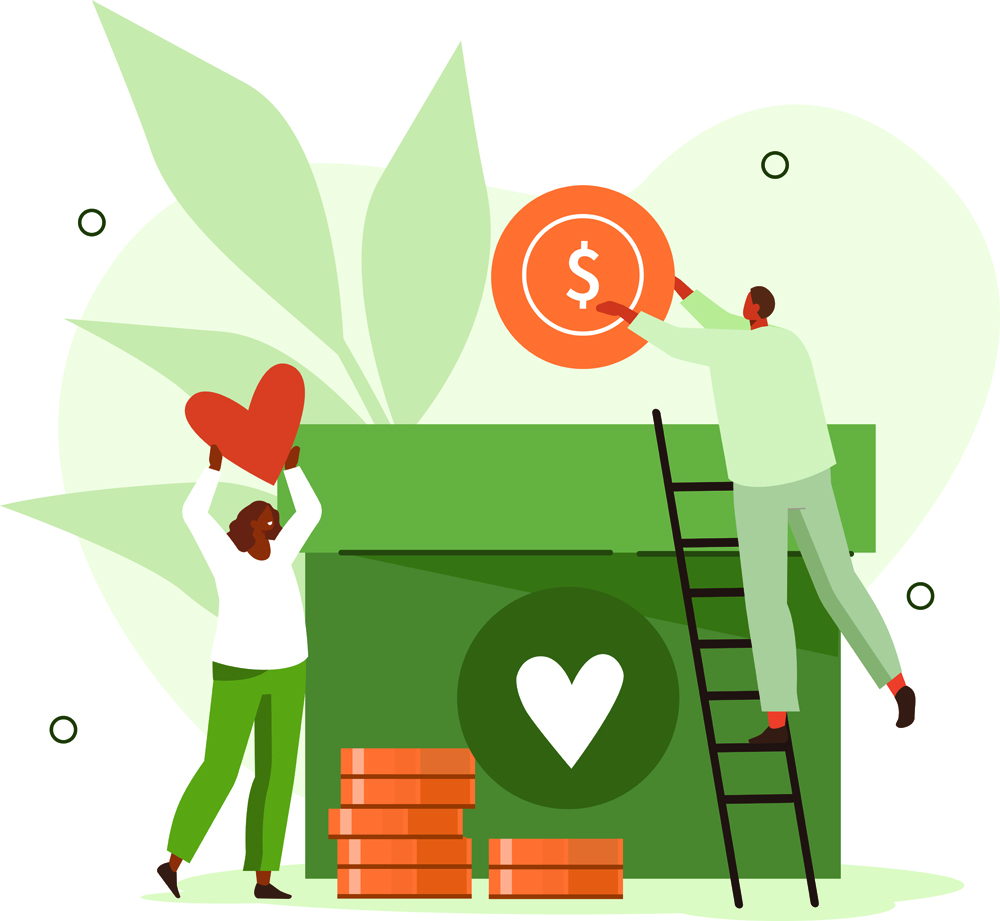 People characters donating for charity. Volunteers collecting and putting money, food and clothes in donation boxes. Charity and financial support concept. Flat cartoon vector illustration isolated.
