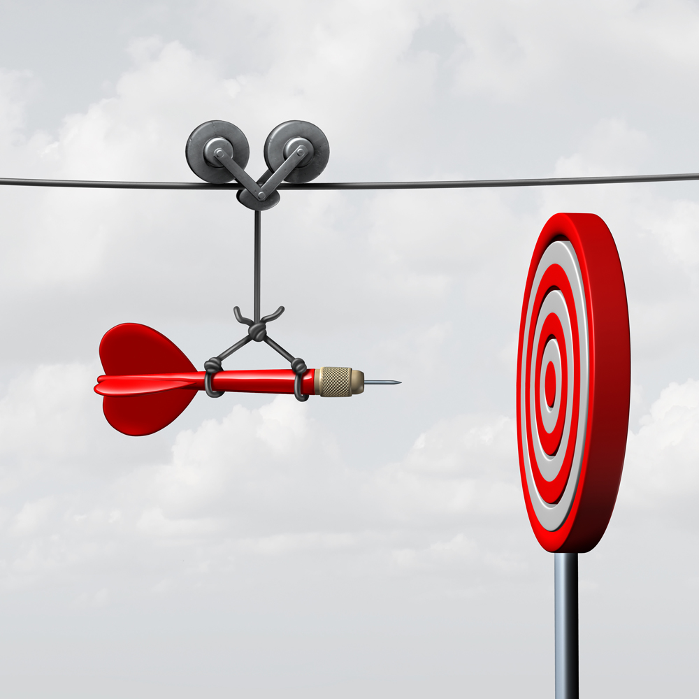 Success hitting target as a business assistance concept with the help of a guide as a symbol for goal achievement management and aim to hit the bulls eye as a dart assured to go straight to center.