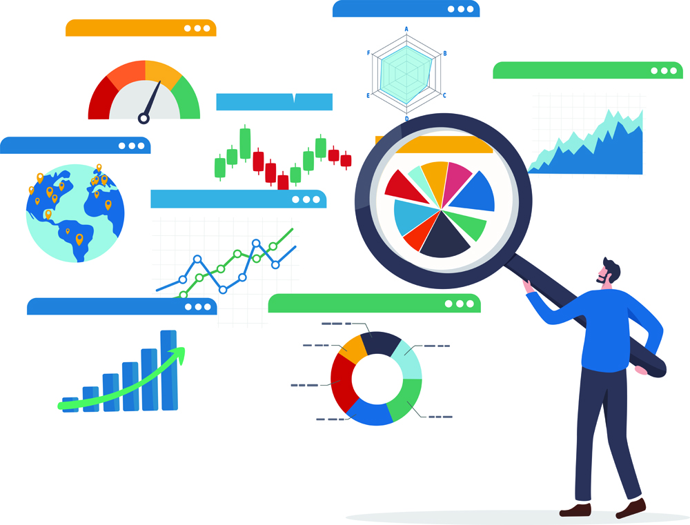 Analysis report research result, chart and diagram dashboard, financial graph statistics, analyze data, SEO or optimization concept, businessman with magnifying glass analyze research chart and graph.