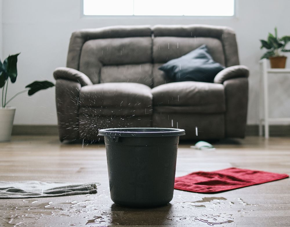 Water dripping from ceiling into plastic bucket on floor in living room. Leaking roof concept.