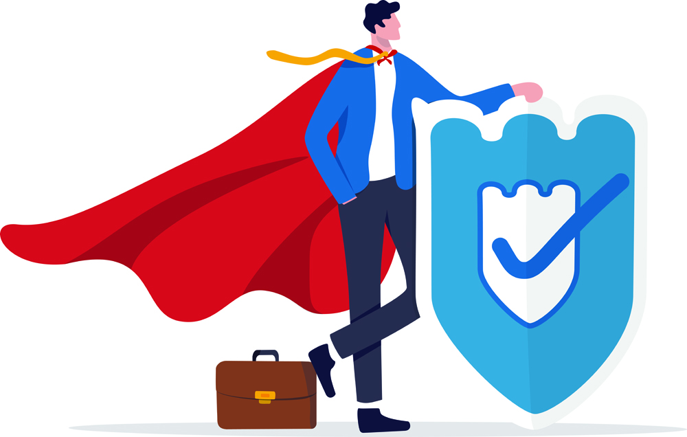 Security safety, protection or shielding insurance, privacy protect, defense from cyber attack, safeguard, guarantee or threats control concept, businessman superhero holding strong protection shield.