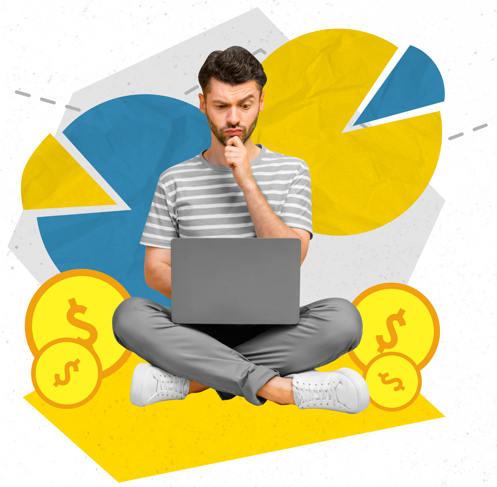 Creative photo 3d collage artwork postcard poster of young minded man project startup increase budget isolated on painting background