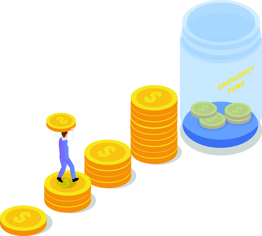 Emergency Fund isometric vector concept. Businessman saving coins in a jar for emergency fund
