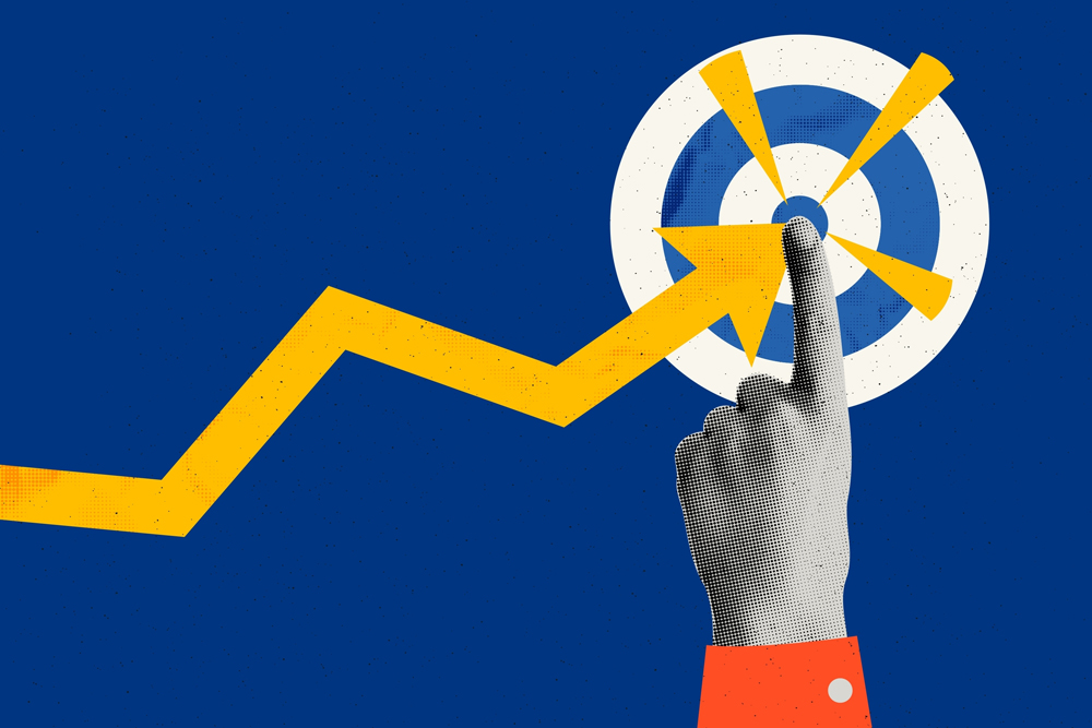 Achieve goal concept art collage. Rising arrow chart and halftone hand pointing to center of dartboard. Business goal, achieve targets, success. Trendy modern retro vector illustration