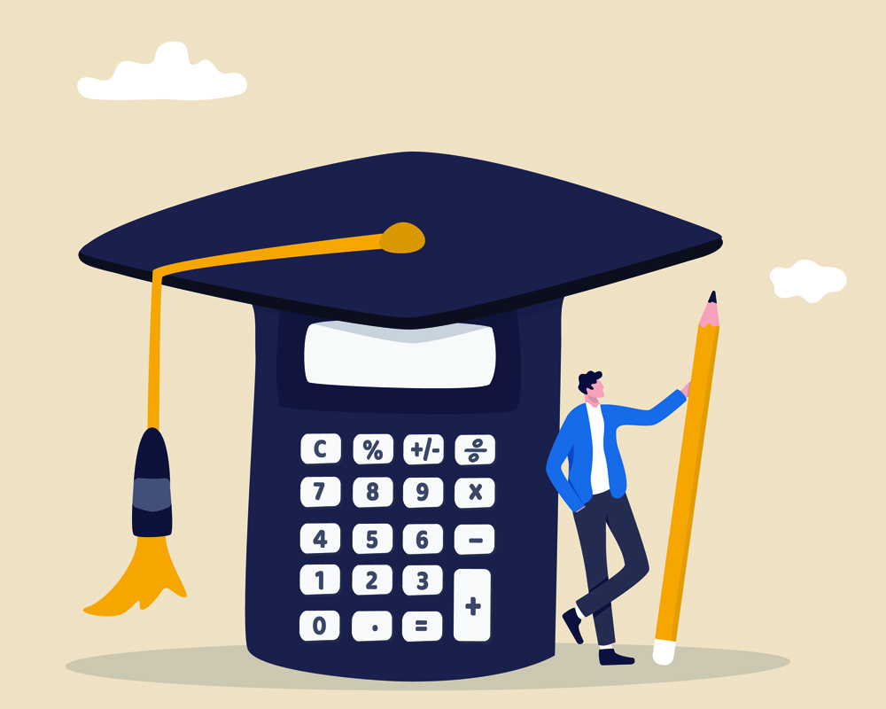 Student loan calculation, education budget allocation, university expense and debt pay off or scholarship payment concept, graduated student standing with mortar board hat calculator.