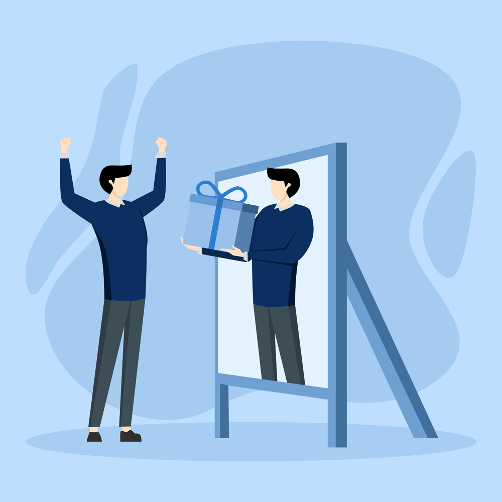 Happy businessman getting present from himself in mirror for self motivation. Reward yourself when success or achieving personal goals to increase motivation and inspiration, winning concept.