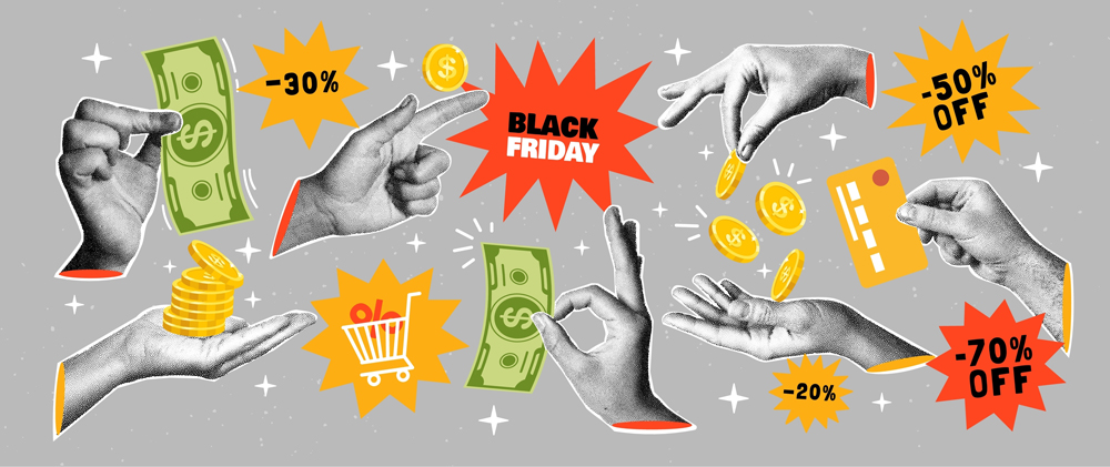 Hand holding money. Halftone hands with coins. Collage with cut paper elements for shopping sale and Black Friday. Financial planning, saving money, online payment. Vector concept.