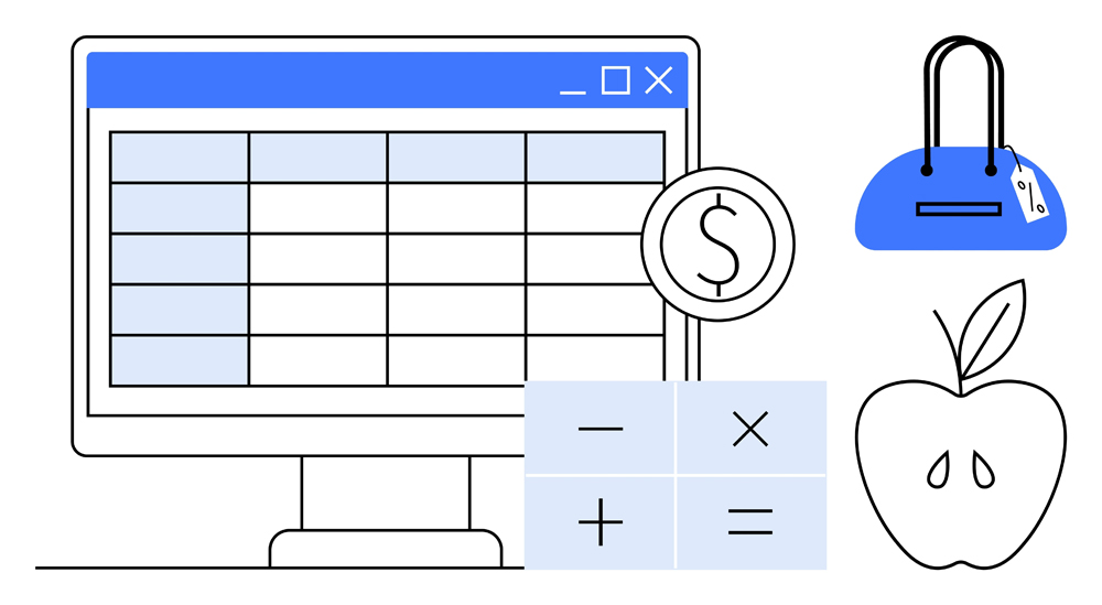Budgeting, financial management, e-commerce, healthy lifestyle, retail, personal finance. A spreadsheet on a computer screen with a calculator, apple and shopping bag. Budgeting and financial