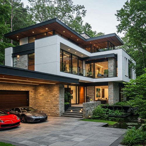 A luxurious modern house with stone and glass facade, surrounded by lush greenery and a serene pond, featuring the sports cars parked in the driveway during the evening.