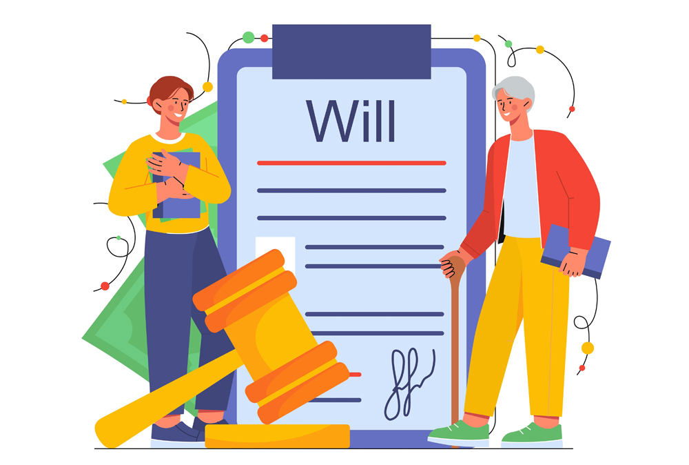 Old man with his will concept. Grandfather with cane against background of contract and document. Father with his young son. Wealth inheritance, official testamentary. Cartoon flat vector illustration