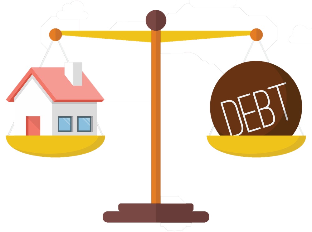 House and debt balance on the scale. Business Concept
