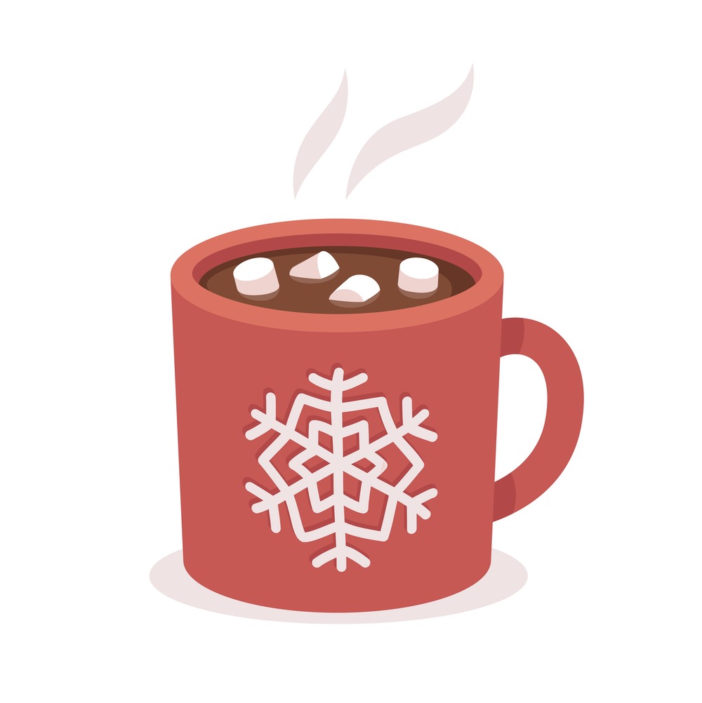 Hot chocolate cup with marshmallows, red with snowflake ornament. Christmas greeting card design element. Isolated vector illustration.