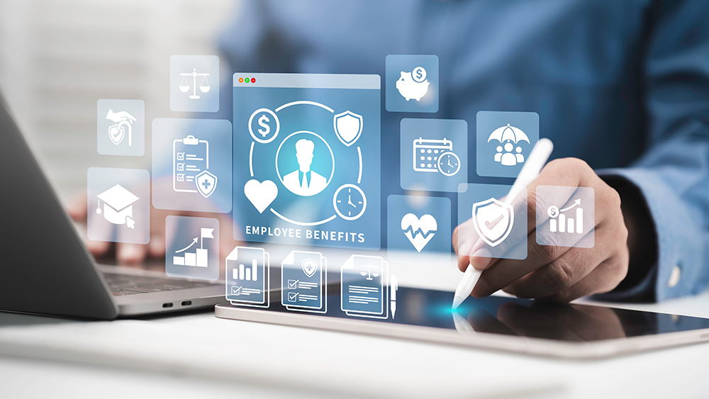 Employee benefits concept. Compensation or benefits health care, insurance, vacation, financial perks, retirement for work wellness and for workplace incentives. Fringe for employee engagement.